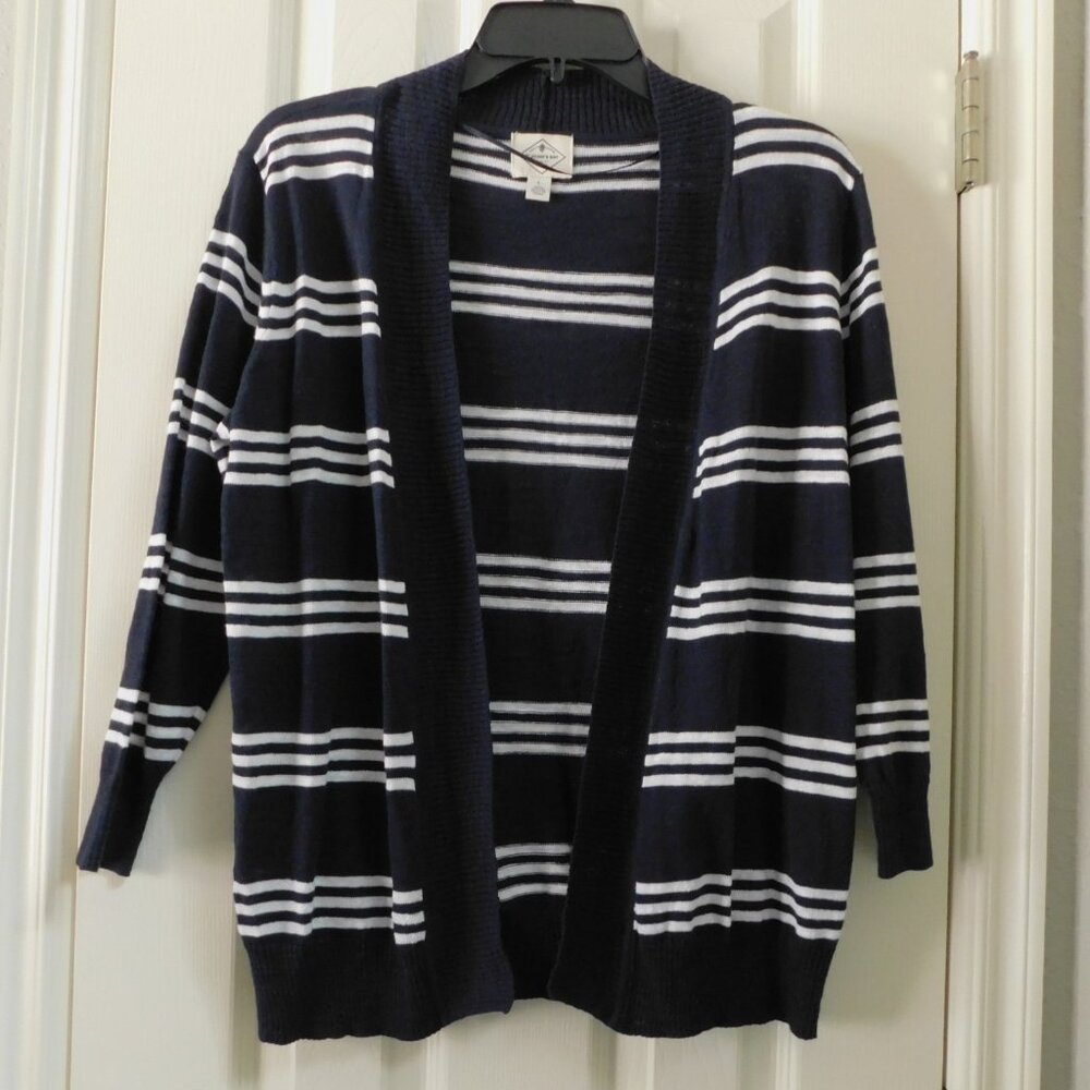 ST. JOHN’S BAY Open Front Cardigan 3/4 Sleeve Stripe Navy Womens Large